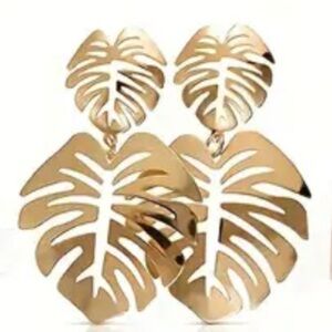 Gold Tone Palm Leaf Statement Earrings Tropical Vacay Vacation NEW